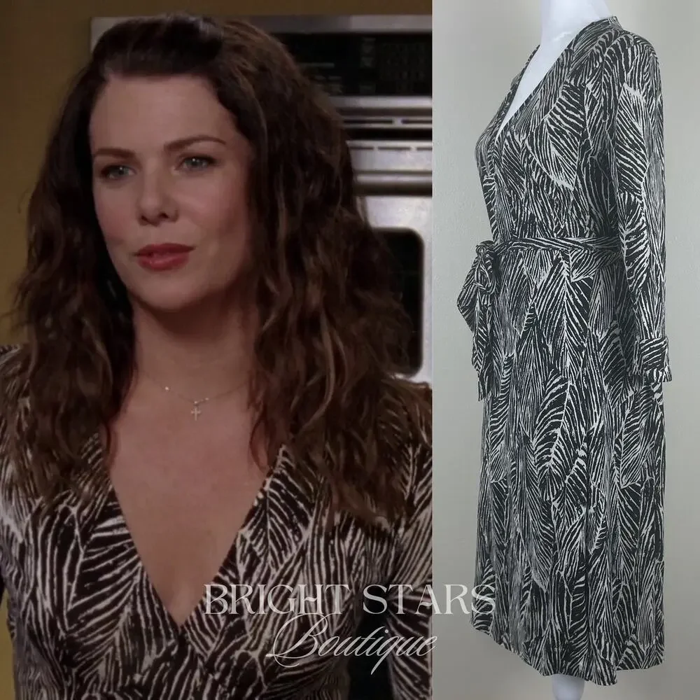 Rare Vintage Silk Wrap Dress B&W Leaf Print As Seen On Lorelai Gilmore Girls - Picture 4 of 11
